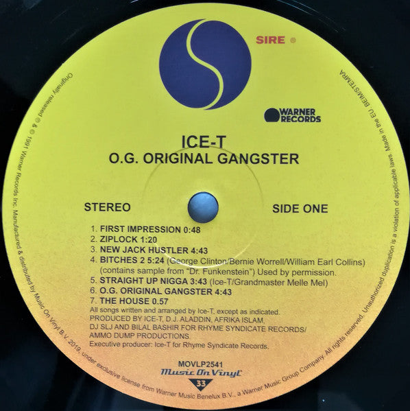 Ice T - OG Original Gangster black vinyl LP label