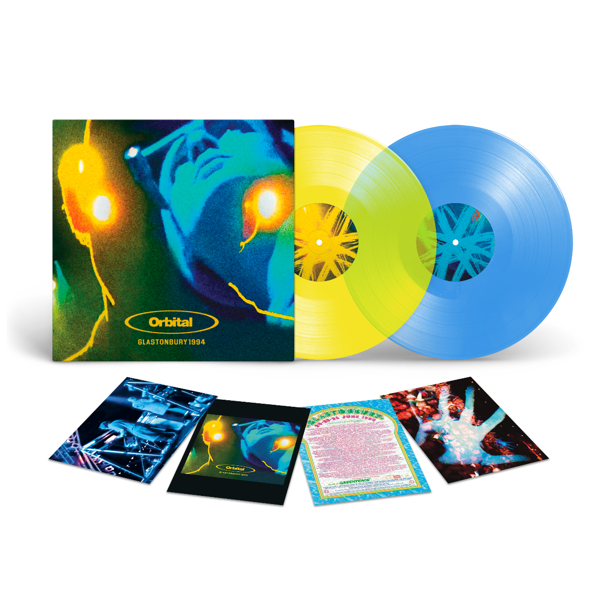 Orbital Glastonbury 1994 blue and yellow vinyl 2LP with postcards