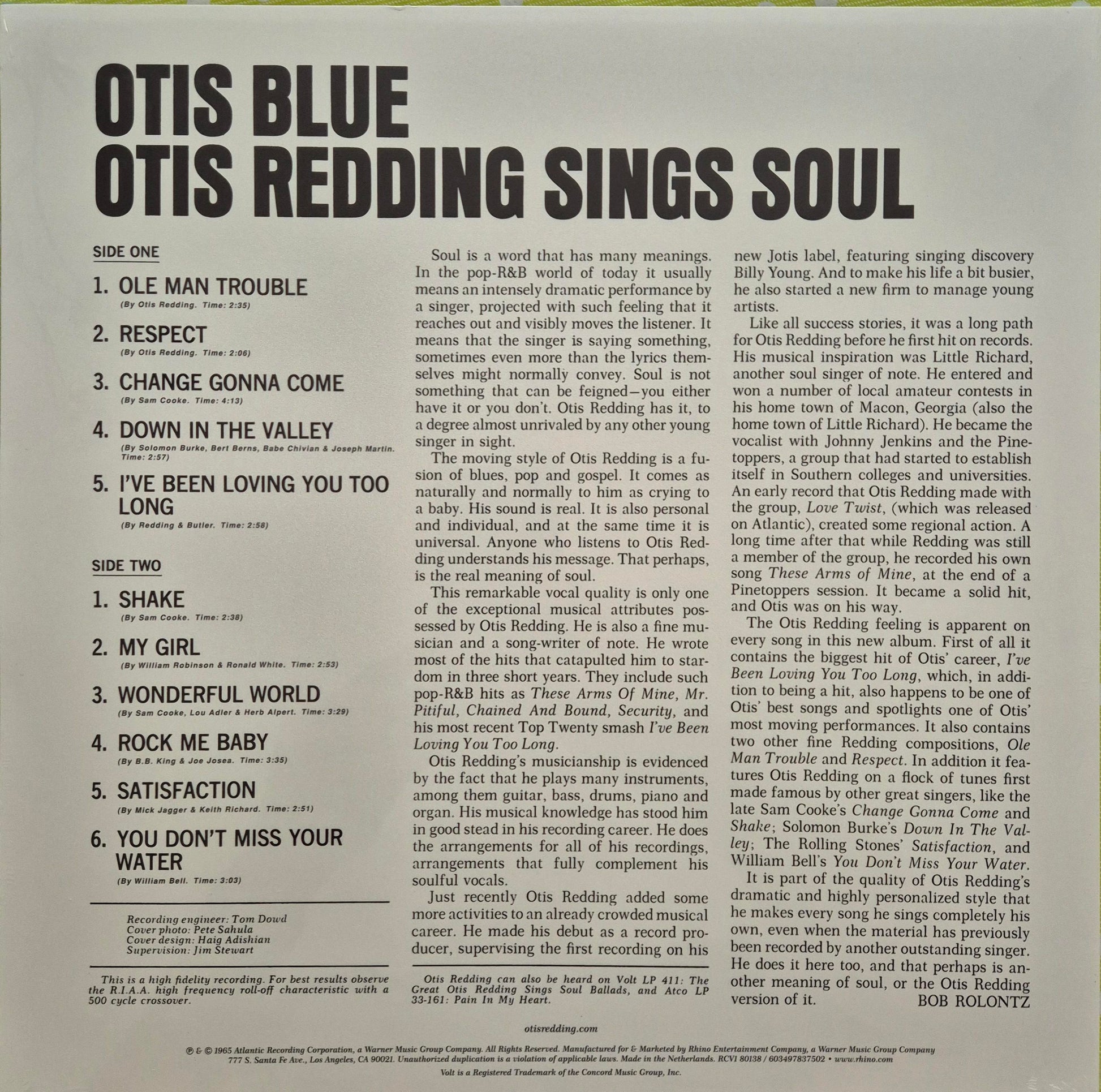 Otis Redding - Otis Blue / Otis Redding Sings Soul album tracklist and sleeve notes